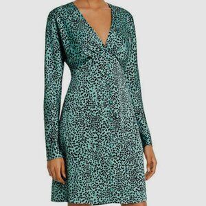 Equipment Femme Romilly Leopard Print Green Satin Mini Dress, Sz 0